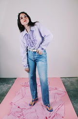long sleeve lavender button up blouse with collar and ruffles in the front vintage 1970's