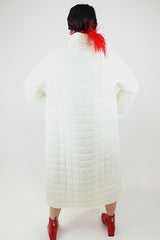 long length white quilted puffy jacket double breasted closure vintage 1970's