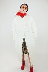 long length white quilted puffy jacket double breasted closure vintage 1970's