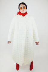 long length white quilted puffy jacket double breasted closure vintage 1970's