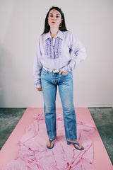 long sleeve lavender button up blouse with collar and ruffles in the front vintage 1970's