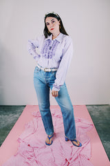 long sleeve lavender button up blouse with collar and ruffles in the front vintage 1970's