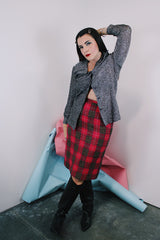 Women's vintage 1970's Jantzen, Made in USA label high waisted knee length pencil skirt in pink plaid print acrylic material