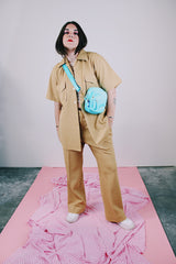 short sleeve button up and matching pants set in beige ribbed polyester vintage men's 1970's