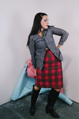 Women's vintage 1970's Jantzen, Made in USA label high waisted knee length pencil skirt in pink plaid print acrylic material