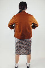 3/4 arm length brown printed open cardigan with small collar vintage 1970's