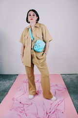 short sleeve button up and matching pants set in beige ribbed polyester vintage men's 1970's