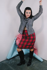 Women's vintage 1970's Jantzen, Made in USA label high waisted knee length pencil skirt in pink plaid print acrylic material