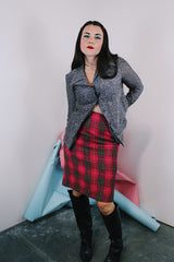 Women's vintage 1970's Jantzen, Made in USA label high waisted knee length pencil skirt in pink plaid print acrylic material