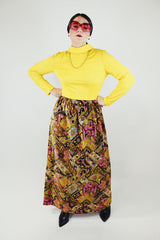 long sleeve mock neck twofer maxi dress with a yellow top part and velvet brown paisley printed skirt vintage 1970's