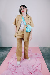 short sleeve button up and matching pants set in beige ribbed polyester vintage men's 1970's