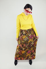 long sleeve mock neck twofer maxi dress with a yellow top part and velvet brown paisley printed skirt vintage 1970's