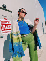 ccream green and blue acrylic knit poncho with fringe trim 1970's vintage women's