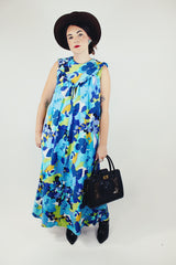 sleeveless floral printed maxi dress with ruffle and bow trim vintage 1960's