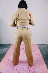 short sleeve button up and matching pants set in beige ribbed polyester vintage men's 1970's