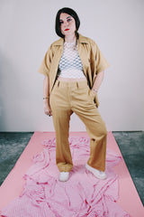 short sleeve button up and matching pants set in beige ribbed polyester vintage men's 1970's