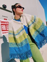 cream green and blue acrylic knit poncho with fringe trim 1970's vintage women's