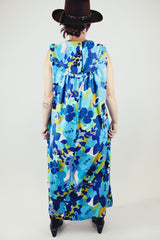sleeveless floral printed maxi dress with ruffle and bow trim vintage 1960's