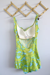 Women's vintage 1960's Jantzen, Made in USA label sleeveless one piece swimsuit in a green and blue print.