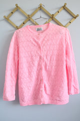 Women's vintage 1960's Fashionelle by Ades of California, Made in Japan label long sleeve button up bright pink cardigan.