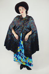 1960's reversible poncho with buttons and collar one side is gold one side is floral print vintage
