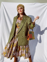 army green double breasted polyester blazer with pin stripes vintage