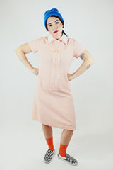 short sleeve orange and white striped midd length half zip dress vintage 1970's