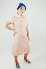 short sleeve orange and white striped midd length half zip dress vintage 1970's