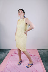 sleeveless yellow cotton dress with lace overlay vintage 1960's
