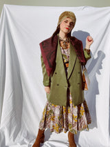 square plum colored polyester scarf with black abstract print vintage made in Italy