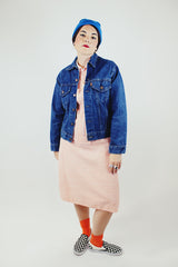 long sleeve dark wash levi's denim jacket with orange tab label vintage