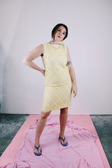 sleeveless yellow cotton dress with lace overlay vintage 1960's
