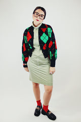 long sleeve wool black red and green argyle print button up cardigan with collar cropped vintage 1960s