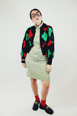 long sleeve wool black red and green argyle print button up cardigan with collar cropped vintage 1960s