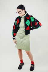 long sleeve wool black red and green argyle print button up cardigan with collar cropped vintage 1960s