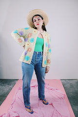 cream wool open cardigan with embroidered flowers 1960's vintage women's