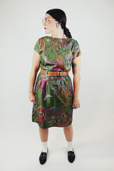 short sleeve printed knee length dress in forest green with pink and brown print