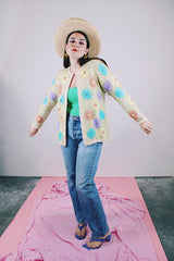 cream wool open cardigan with embroidered flowers 1960's vintage women's