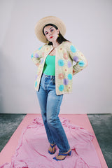 cream wool open cardigan with embroidered flowers 1960's vintage women's