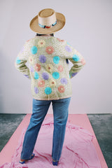 cream wool open cardigan with embroidered flowers 1960's vintage women's