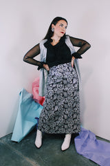 Women's vintage 1970's ankle length maxi skirt in black with silver metallic all over print