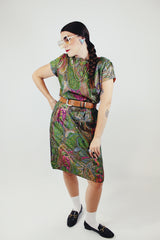 short sleeve printed knee length dress in forest green with pink and brown print