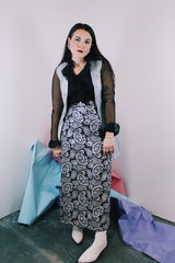 Women's vintage 1970's ankle length maxi skirt in black with silver metallic all over print