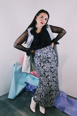 Women's vintage 1970's ankle length maxi skirt in black with silver metallic all over print