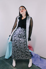 Women's vintage 1970's ankle length maxi skirt in black with silver metallic all over print