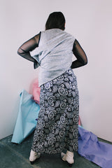 Women's vintage 1970's ankle length maxi skirt in black with silver metallic all over print