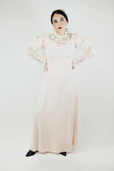 long sleeve light pink maxi dress with crochet lace details and tie belt vintage 1940's