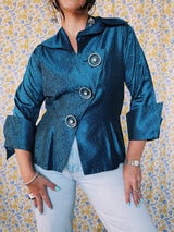 1950's vintage blue statin evening jacket with diagonal lapel with collar