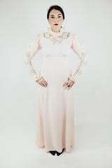 long sleeve light pink maxi dress with crochet lace details and tie belt vintage 1940's