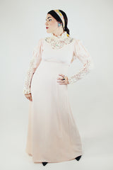 long sleeve light pink maxi dress with crochet lace details and tie belt vintage 1940's